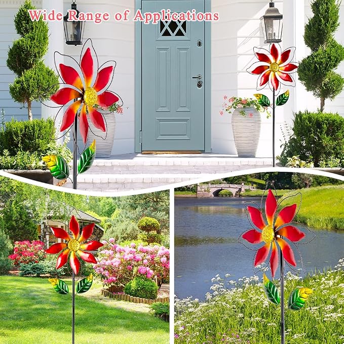 Wind Spinner Outdoor,14’’ Dia Red Flower Shape Garden Pinwheels Spinners,Waterproof Windmill for Yard Lawn Patio Decor