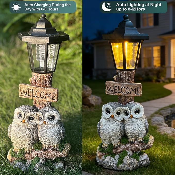 Outdoor Garden Owl Statue with Solar Lights, Owl Figure with Welcoming Sign, for Outdoor Landscapes, Courtyards, Paths, Outside Patio Lawn Decor, Gifts for Women, Owl Lovers