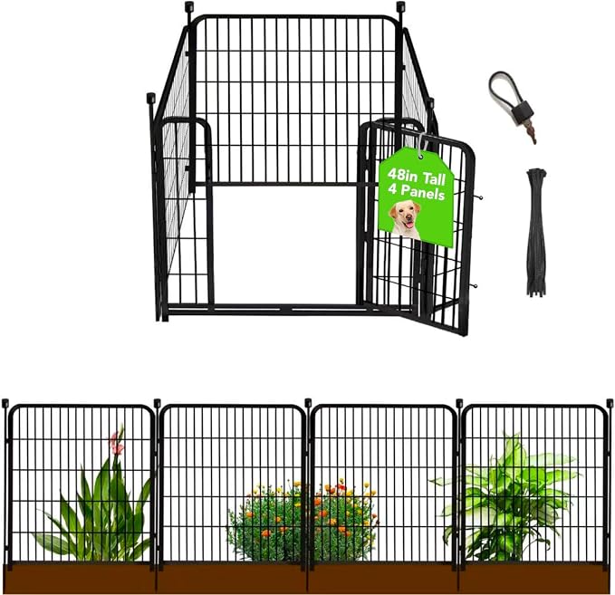 Getlay Garden Fence with Gate 48 in(H)×27 in(L) 4 Panels, Heavy Duty Iron Animal Barrier Fence, Rabbit Fence for Garden, Suitable for Indoor Pet Or Outdoor Dog Fencing, Total 8.9 Ft(L), Black
