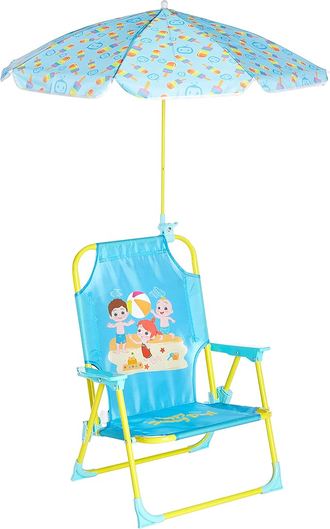 CoComelon Kids Folding Beach Chair with Umbrella – Outdoor Portable Chair for Ages 3+, Lightweight with Safety Lock, Perfect for Beach, Park, or Backyard