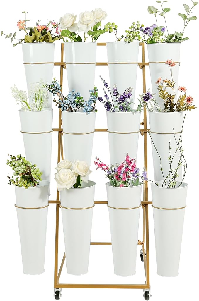 Flower Cart with 12 Metal Buckets, 3 Layers Flower Bar Stand with 360° Swivel Wheels and Brake, Flower Display stand with Iron Bucket, Durable than Plastic Buckets, Flower Holder for Florist or Wedding