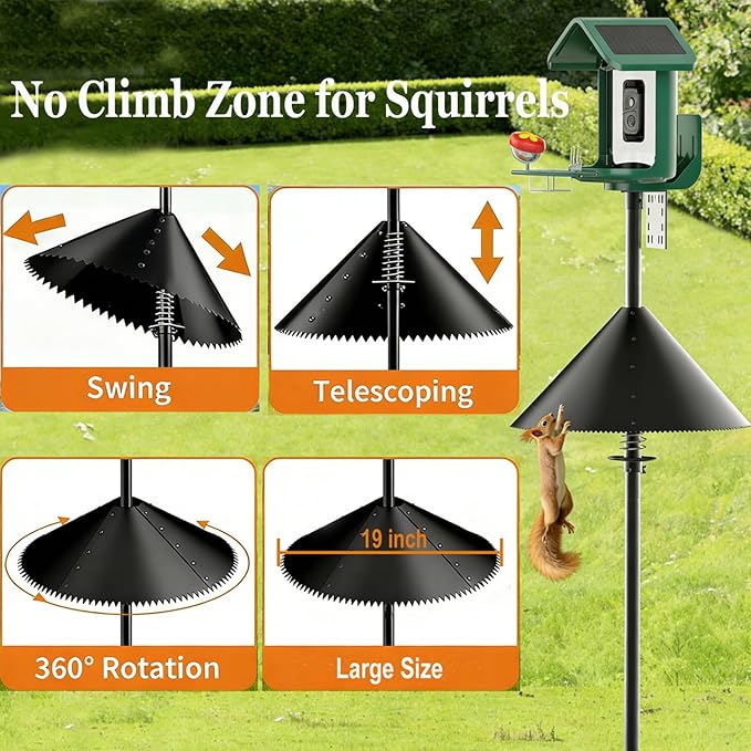 Squirrel Baffle for Bird Feeder Pole-Dynamic Steel Spring-Loaded Wobble Defense,Outside Pole Mount Bird House Guard for Outdoor Shepherd’s Hook, 19 Inch Diameter,Metal Buckle(2pcs)