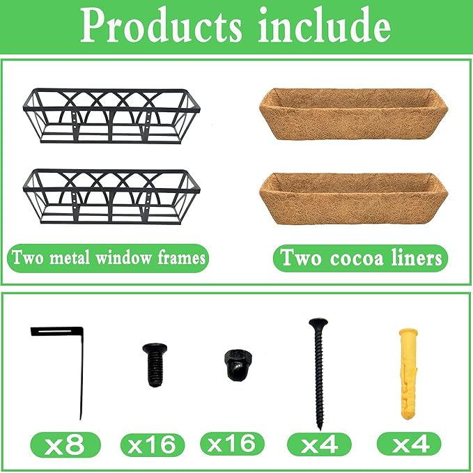 2 Pack 24 Inch Window Sill Fence Planter Pots Black Metal Window Sill Planter with Coco Backing Wall Mounted Home Planter Hanging Basket