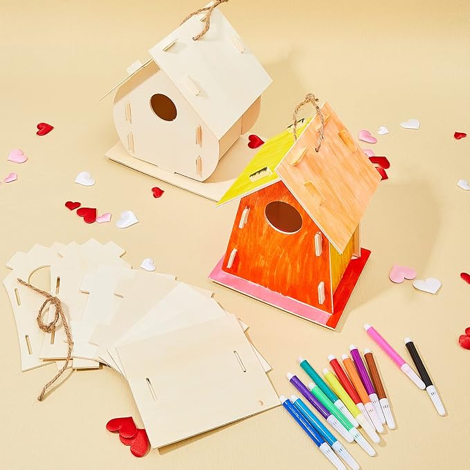 Deekin 21 Sets DIY Birdhouse Kit for Kids to Build and Paint, Include Unfinished Wooden Bird House Strips and Colorful Painting Pens for Fun Craft Activity Creative DIY Art Project