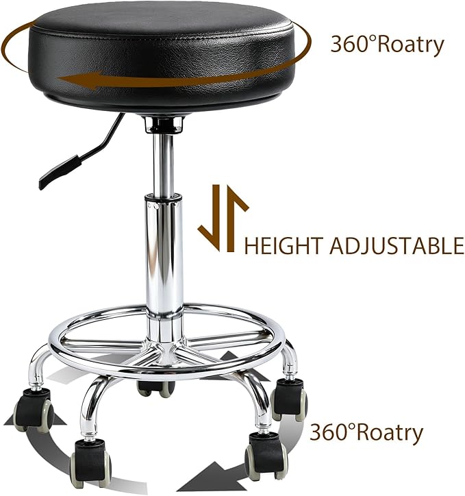 Rolling Stool with Wheels, Thick 7.5cm Cushion Professional Swivel Drafting Stool, Height Adjustable Heavy Duty 500 lb Stool with Silent Casters and Foot Ring for Salon Tattoo Clinic Home Office