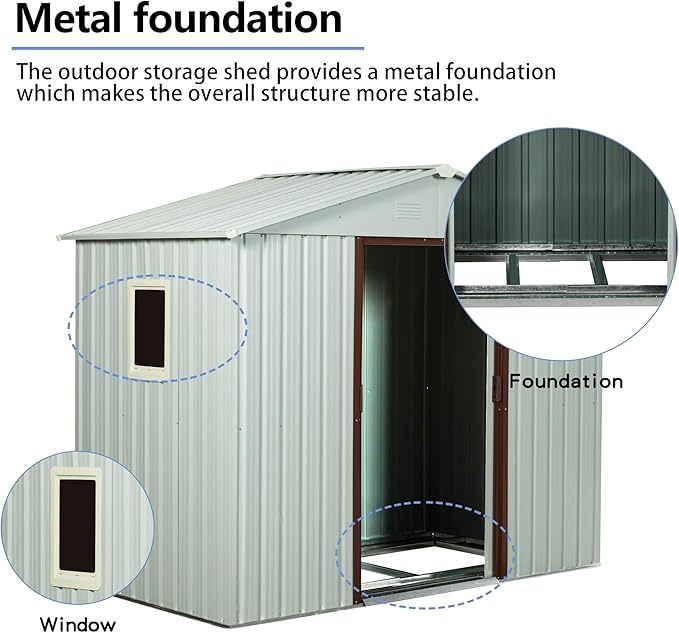8x4 FT Outdoor Metal Storage Shed with Window, Galvanized Steel Garden Shed, Lockable Sliding Door, Sloped Roof, Ventilated Tool Storage House with Foundation Kit for Backyard Lawn, White