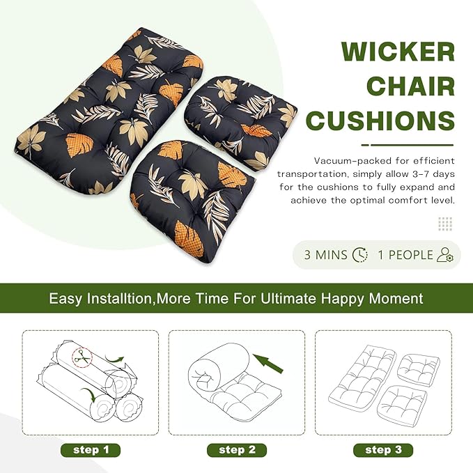 Wicker Chair Cushions Set, 2 U-Shaped Cushions & 1 Loveseat, Waterproof Outdoor Loveseat Cushion for Patio Furniture, Settee Bench Pad All Weather,YellowLeaf
