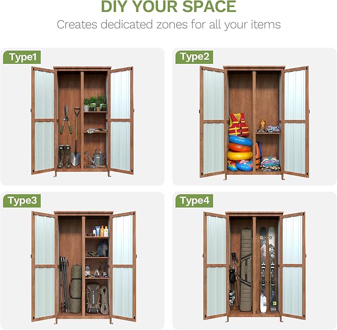 Greesum Outdoor Storage Cabinet with 3 Adjustable Shelves, Wood & Metal Garden Storage with Lockable Doors, Tall Weatherproof Shed for Tools, Lawn Equipment, Pool Accessories, Black