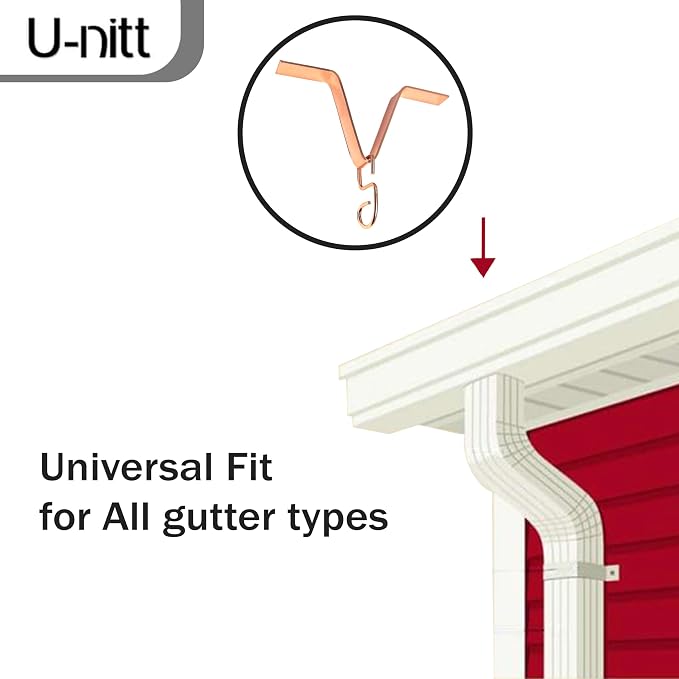 U-nitt Gutter Clip for Rain Chain Installation DIY | Gutter Adapter for Roof Downspout Chain | Water Collection | Copper Plated 4 PK, Heavy Metal, 6 X 5 inches, Adjustable, Fits 2 in Gutter Hole