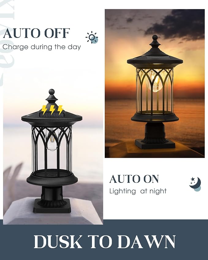 1 Pack Solar Post Lights Outdoor Waterproof Dusk to Dawn E26 IP44 | 1 pack dusk-to-dawn solar post light with E26 base, IP44 waterproof PC shell, 2600mAh battery for pathway, driveway, lawn
