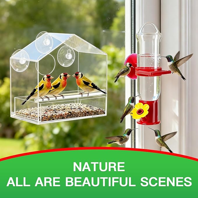 Window Bird Feeder with Hummingbird Waterer（2-Piece Set） - Extra-Large Window for Offer Easy Food & Water Access, Super-Strong Suction Cup, Easy Install & Clean, Sturdy Durable Outdoor Use.