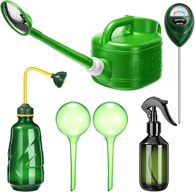 Reallnaive 6 Pcs Indoor Watering Can Set 1/2 Gallon Can 6.8 oz Spray Bottle 17 oz Squeeze Bottle Plant Watering Globes Soil Moisture Meter Small Spraying Set for Indoor Outdoor(Fluorescent Green)