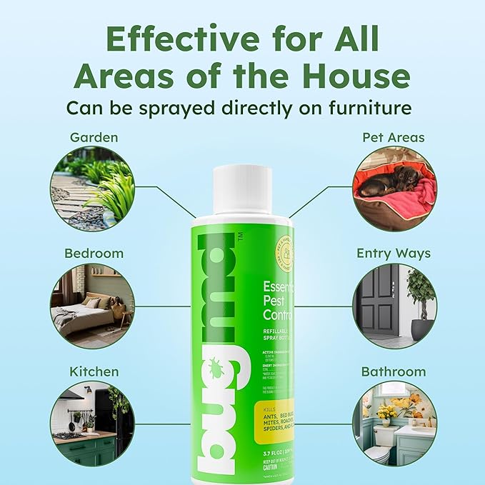 BugMD Ant Killer & Bug Spray Concentrate - Indoor Cockroach and Roach Killer, Spider Spray for Home, Fly and Insect Defense, Essential Oils, Plant-Powered, Eco-Friendly Pest Control - 3.7 Oz