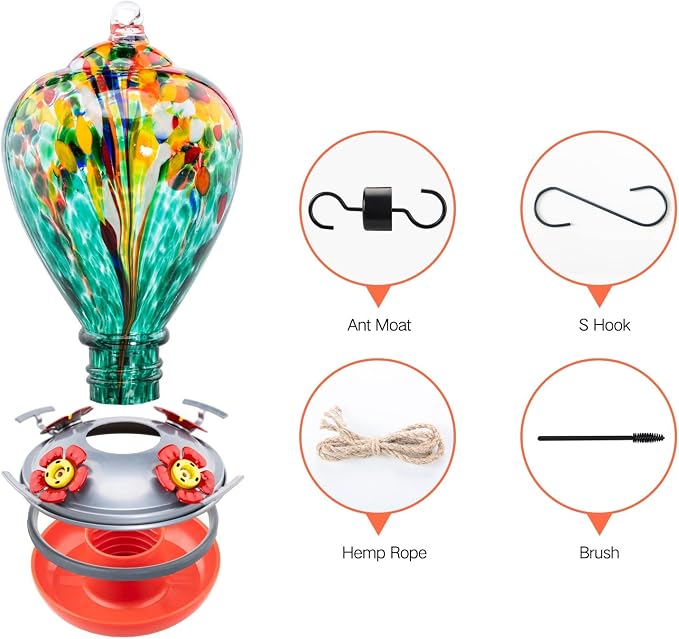 Muse Garden Hummingbird Feeders for Outdoors Hanging, Blown Glass Hummingbird Feeder, Gifts for Mom, Garden Decor for Outside, Unique Gifts Idea for Women, 34 Ounces, Turquoise Fireworks | Muse Garden Hummingbird Feeders for Outdoors Hanging, Blown Gla...