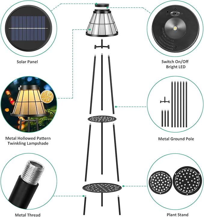 2 Pack Solar Floor Lamps Outdoor with 2-Tier Plant Stand, Metal Tall Planter Holder with Waterproof LED Lantern, Decorative Patio Light & Flower Pot Display Rack for Garden, Deck, Porch, Balcony