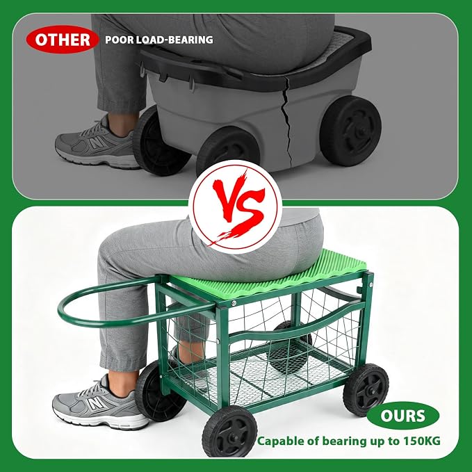 Garden Rolling Work Seat with Wheels | Padded Foam Cushion, Hold Max. 350Lbs