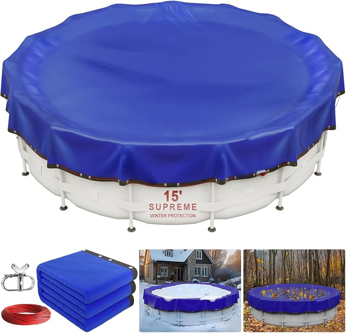 【New Upgrade】 Winter Pool Cover 15 ft Round for Above Ground Pools, Extra Thick Durable Above Ground Swimming Pool Protection Cover, Encryption Grommets,Cold and UV Resistant with Premium Winch,Cable