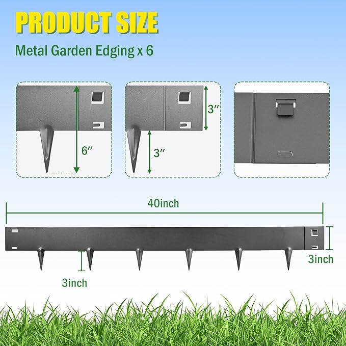 20ft. Galvanized Steel Landscape Edging, 6 Pack Metal Lawn Edging with a Pair of Gloves, Steel Landscape Edging for Fence, Yard Pathway, Flower Beds (Black，40" L x 6" H Each)