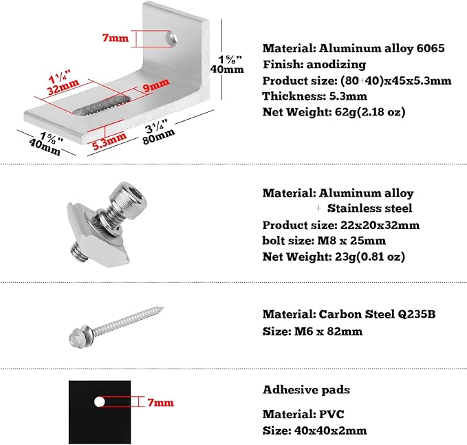 10 Pcs Solar Panel Mounting L Bracket,Thick 5.3mm Aluminum Alloy Support Hardware,for RV Boat Off Grid Roof, Solar Panel Motor Home Roof