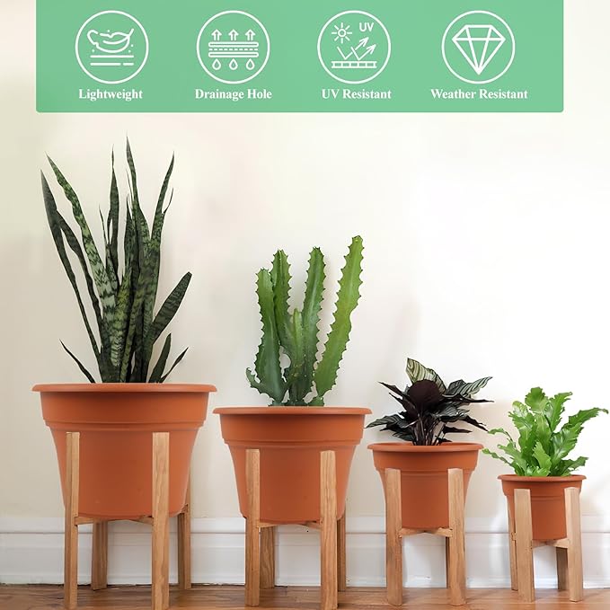 Pottiffe 11 Inch Plastic-Flower-Pot-for-Indoor-Plants, 4 Pack Large Outdoor Planter Pot with Drainage Holes & Saucers, Resin Decorative Garden Pots Planters