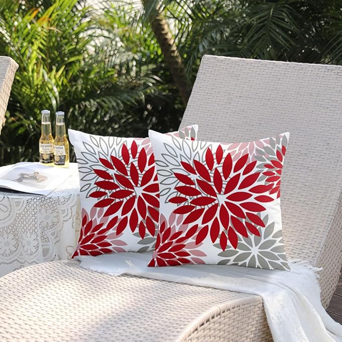 DFXSZ Red Pink Flower Pillow Covers 18x18 Inch Set of 2 Valentines Day Pillow Covers Outdoor Waterproof Decor for Living Room Sofa Patio Funiture Garden Floral Polyester pillowcovers 012F18