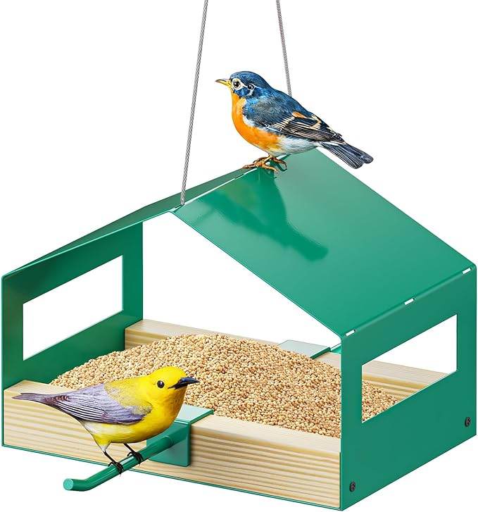 FANHAO Metal Bird Feeder for Outdoor Hanging, Wild Bird Feeder House with Rust-Resistant Mesh, Hanging Platform Bird House Feeder for Attracting Birds, Weatherproof, Easy to Clean & Refill