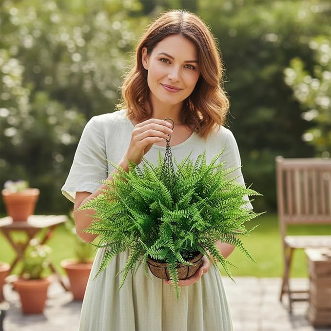 Giegxin 4 Pack Artificial Flowers Outdoor Small Fake Fern Plants 4 Hanging Basket Planters with 30 Pcs Fern Faux UV Resistant Plastic Plants for Front Porch Living Room Garden Decor