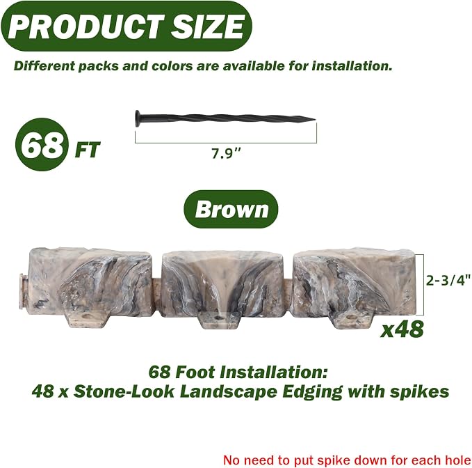 Landscape Edging Faux Stone Edging Garden Edging Border,68FT x 2.75 in Tall Decorative Stone-Look Garden Border for Flower Bed Edging,Yard Edging,Lawn Trees and Gardens,with Anchoring Spikes,Brown