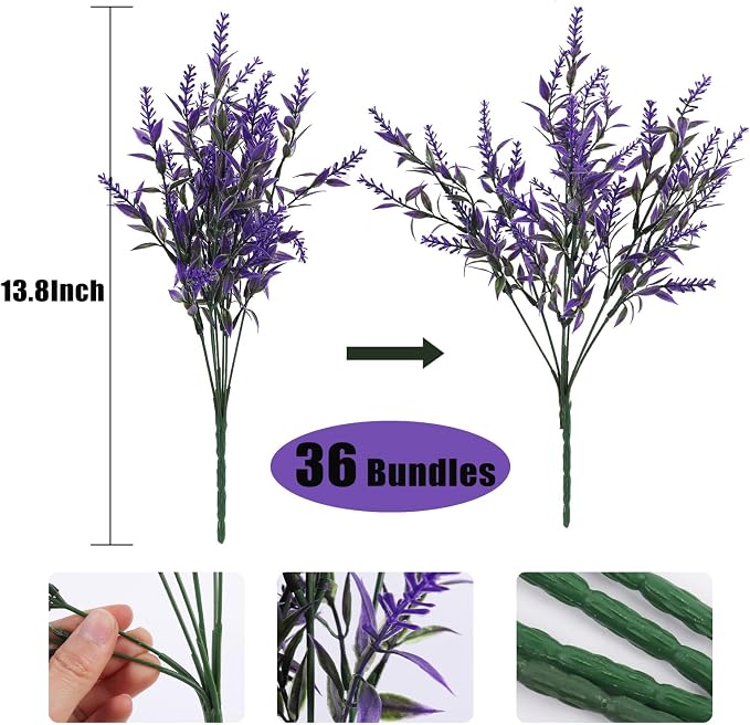 RECUTMS Artificial Fake Outdoor Plants Flowers for Spring Decoration, 36 Bundles Faux Plastic Plants Outdoor Flowers UV Resistant Realistic for Home Outside Planter Window Porch Patio Garden(Purple)