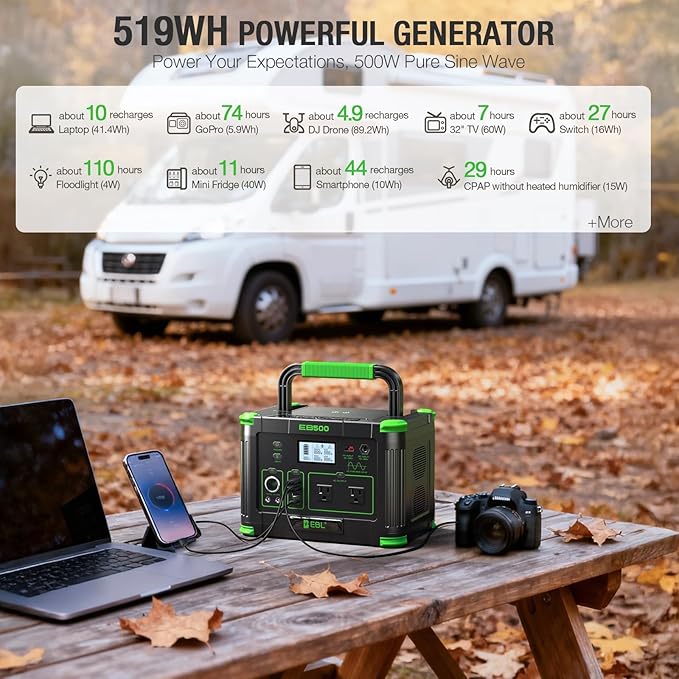 EBL Portable Power Station 500w(Peak 1000W), Camping Solar 519Wh Outdoor Solar Generator Backup Battery Pack with 2 110V AC Outlets, 10-Port Powerhouse for Outdoor and Indoor Emergency Use