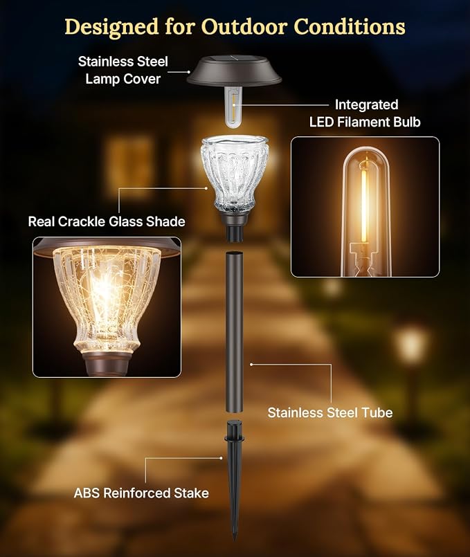 XMCOSY+ Solar Pathway Lights Outdoor, 6 Pack Crackled Glass Solar Garden Lights, Warm White Dusk to Dawn, Waterproof Auto On/Off Landscape Lighting for Yard Walkway Driveway Patio