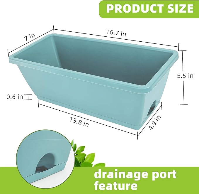 LOCONHA Window Box Planter, 7 Pack Plastic Vegetable Flower Planters Boxes 17 Inches Rectangular Flower Pots with Saucers for Indoor Outdoor Garden, Patio, Home Decor