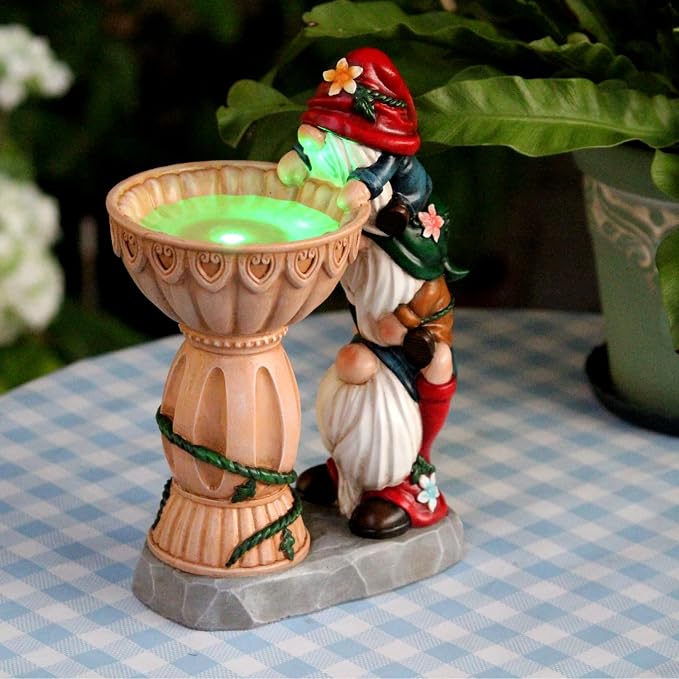 Sheaifun Garden Gnomes Outdoor Gnomes Garden Decorations for Yard Colorful Lights Resin Solar Outdoor Statues with Bird Bath Feeder Outside Lawn Patio Housewarming Gift for Women 6.25x4.25x9.25 Inch