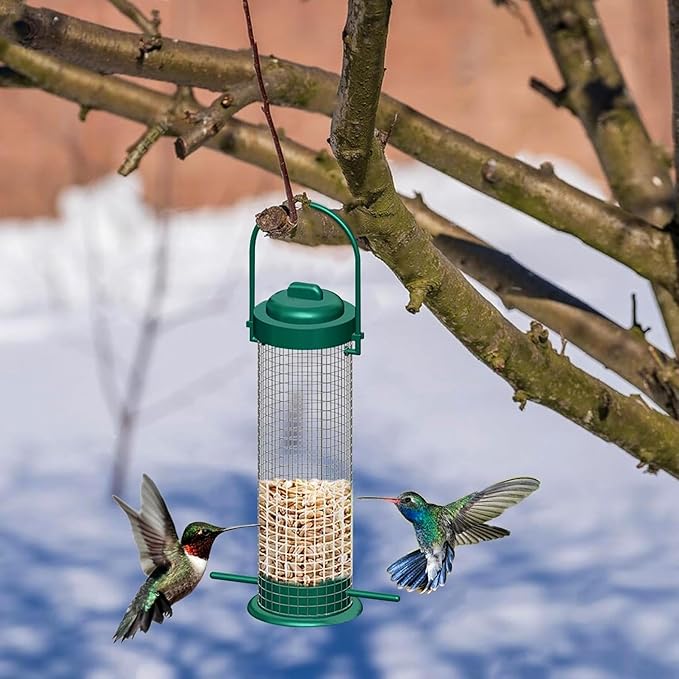 Metal Mesh Tube Bird Feeders for Outdoors Hanging, Squirrel Proof Wild Bird Feeders, Finch Bird Feeder for Thistle Seed, for Outside Cardinals Finches Blue Jays (2 Pack Green)