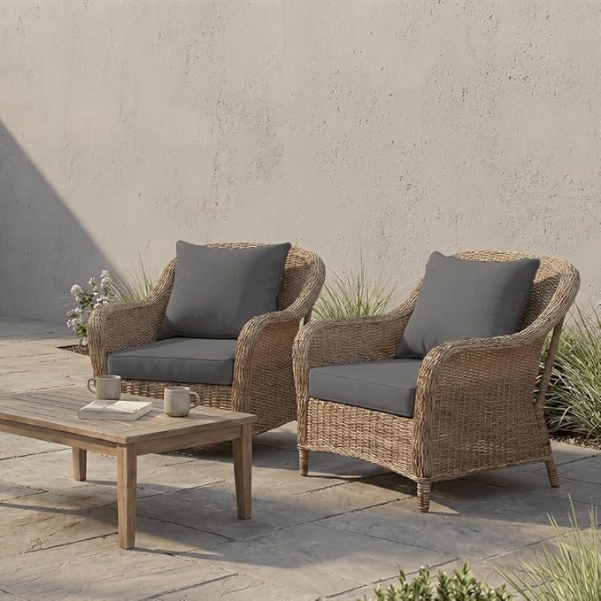 PatioGlow Outdoor Seat Cushion Set, 24" x 24" x 3.5", Set of 2, Water-Resistant & Fadeness Patio Furniture Cushions with Removable Cover & Ties, Thick Deep Seating Pads for Outside Sofa Couch, Grey