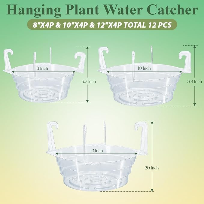 12 Pack Hanging Plant Water Catcher Tray, 8"+10"+12" Clear Drip Pan Saucers (4P/Size) for Hanging Planters & Pots, Indoor Self Watering Accessories for Hanging Plant Baskets (Mix Sizes 12P)