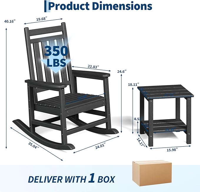 GarveeLife Poly Lumber Rocking Chair Outdoor Set of 2 with Side Table - HDPE High Back Porch Rocker Chairs for Adults - All Weather Resistant Furniture for Patio - Black
