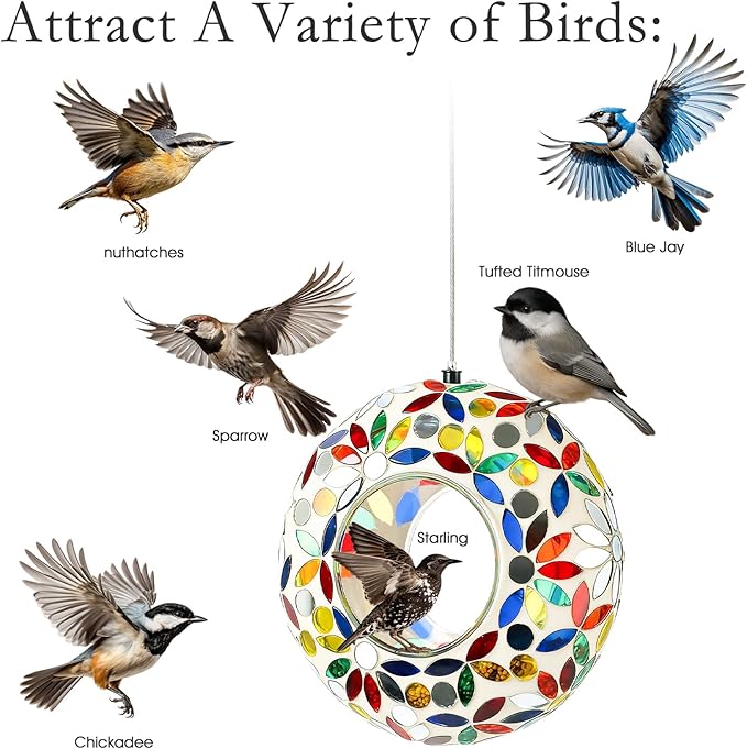 6 Inch Mosaic Glass Hanging Bird Feeder for Outdoors，Fly Through Bird Feeders for Wild Birds, Cute Seed Container with Round Shape for Backyard Window Garden Porch, Colorful Floral Mosaic