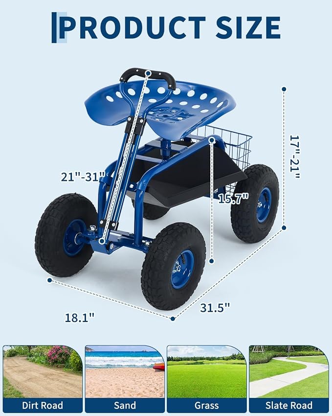 Garvee Heavy Duty Garden Seat, Garden Scooter Rolling Work Seat, 360° Swivel with 10-Inch All-Terrain Inflatable Tires, Extendable Steering Handle & Metal Tool Tray for Planting, Weeding, Yard Work