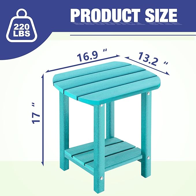 LZRS 2-Tier Patio Side Table, Heavy Duty HDPE Outdoor End Table with Wood Texture, Weatherproof Composite Table for Adirondack Chairs, Deck, Pool, Indoor/Outdoor, No Peeling Cracking(Turquoise)