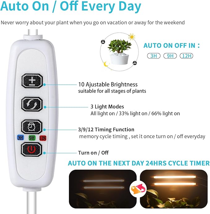 Hywyimlait LED Grow Light Strips for Indoor Plants Full Spectrum 3500K, 96 LEDs Plant Light Bar with 3/9/12H Timer, 10 Dimmable Levels for Seedling Succulent and Shelf, 13 Inches, 1 Head 2 Pack
