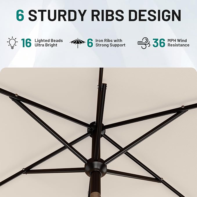AreShark 6.5' x 10' Rectangular Patio Umbrella with Solar Lights, Solar Powered Lighted Market Umbrella w/Tilt and Crank, Outdoor Table Umbrella for Garden, Deck, Backyard, Pool, Cream-White