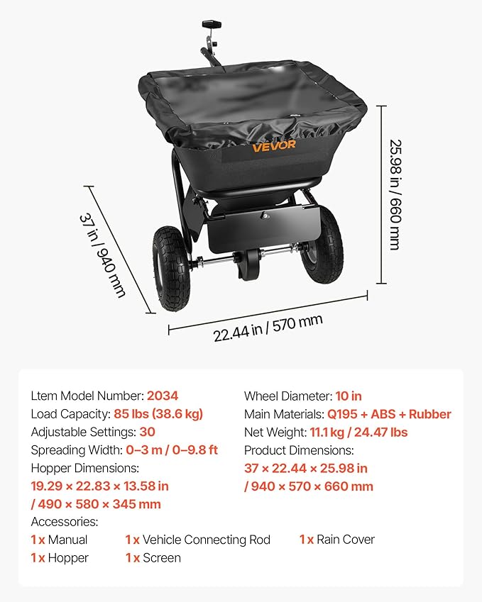 VEVOR Tow-Behind Spreader, 9.8 ft Spreading Width, Broadcast Spreader with 10" All-Terrain Tires, 85 lbs Capacity Hopper, Adjustable Flow Control, Lawn Spreaders for Seed Fertilizer Ice Melt