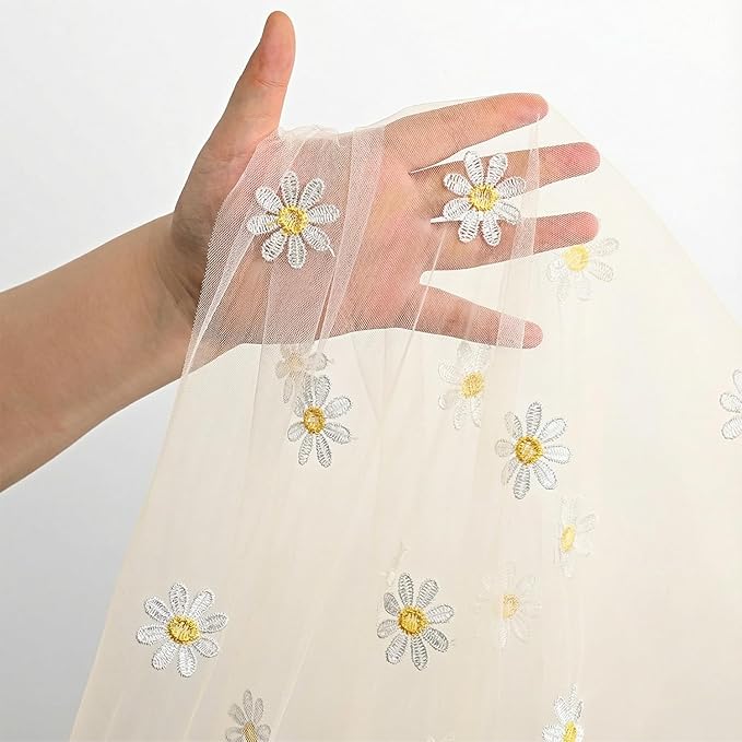 Horaldaily Champagne Embroidery Daisy Spring Summer Gauze Tablecloth 60×84 Inch Rectangular, Seasonal Tulle Table Cover, Garden Party Decorations for Wedding, Party, Holiday Dining