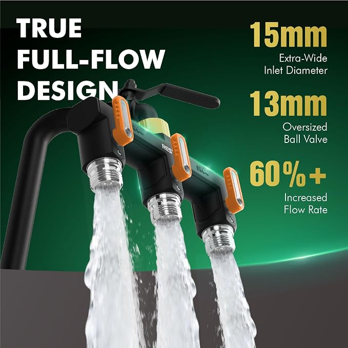 Restmo 3 Way Garden Hose Splitter Heavy Duty 100% Metal Body, Full Flow Design with Oversized Ball Valve, Outdoor Faucet Spigot Adapter with Extended Levers, 3/4" GHT Thread - Orange