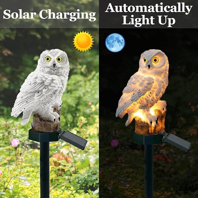 Owl Figure Solar LED Lights, (2 Pack) Resin Garden Waterproof owl Figurine with Stake for Outdoor Yard Pathway. (Brown&White)