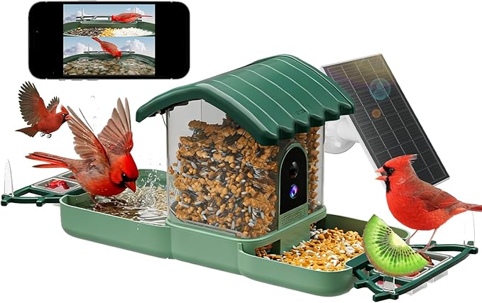 Bird Feeder with Camera for Outdoors, 2-in-1 Dual Camera Smart Combo - Separate Cameras Capture Feeding & Bathing Zones, Solar Powered 2K HD Live View, AI Recognition, Waterproof Backyard Gift