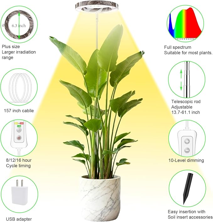 yadoker Plant Grow Light,LED Growing Light Full Spectrum for Indoor Plants,Aluminum Marble Grain Plant Lights,Height Adjustable, Automatic Timer, 5V Low Safe Voltage