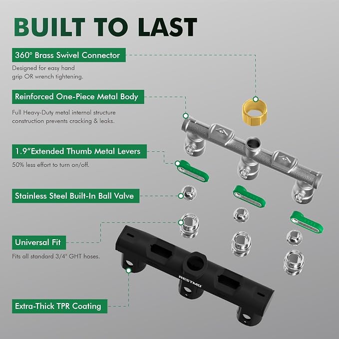 Restmo 3 Way Garden Hose Splitter Heavy Duty 100% Metal Body, Full Flow Design with Oversized Ball Valve, Outdoor Faucet Spigot Adapter with Extended Levers, 3/4" GHT Thread - Green