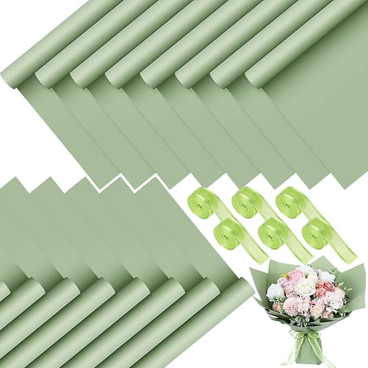 Sabary 120 Sheets Flower Wrapping Paper Bouquet Pure Color Waterproof Floral Packaging Paper with 196 Inch Ribbon Florist Bouquet Supplies for Wedding Birthday DIY, 22.8 x 22.8 Inch (Sea Pine Green)
